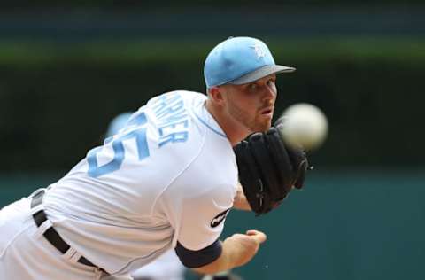 DETROIT, MI – JUNE 18: Buck Farmer #45 of the Detroit Tigers warms up prior to the start of the game against the Tampa Bay Rays on June 18, 2017 at Comerica Park in Detroit, Michigan. . (Photo by Leon Halip/Getty Images)