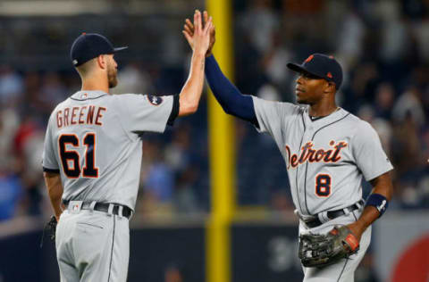 NEW YORK, NY – AUGUST 01: Shane Greene #61 and Justin Upton #8 of the Detroit Tigers celebrate after defeating the New York Yankees at Yankee Stadium on August 1, 2017 in the Bronx borough of New York City. (Photo by Jim McIsaac/Getty Images)