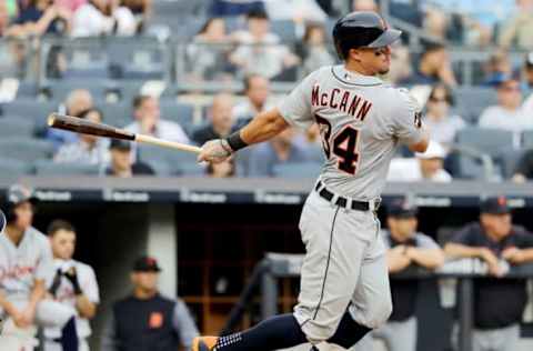 NEW YORK, NY – AUGUST 02: James McCann #34 of the Detroit Tigers drives in a run in the fourth inning against the New York Yankees on August 2, 2017 at Yankee Stadium in the Bronx borough of New York City. (Photo by Elsa/Getty Images)