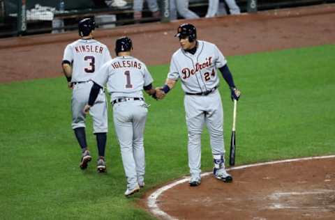 BALTIMORE, MD – AUGUST 03: Miguel Cabrera #24 of the Detroit Tigers celebrates with Ian Kinsler #3 and Jose Iglesias #1 after they both scored against the Baltimore Orioles in the third inning at Oriole Park at Camden Yards on August 3, 2017 in Baltimore, Maryland. (Photo by Rob Carr/Getty Images)