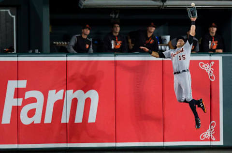 BALTIMORE, MD – AUGUST 04: Mikie Mahtook #15 of the Detroit Tigers catches a fly ball hit by Jonathan Schoop #6 of the Baltimore Orioles (not pictured) in the eighth inning during a game at Oriole Park at Camden Yards on August 4, 2017 in Baltimore, Maryland. (Photo by Patrick McDermott/Getty Images)