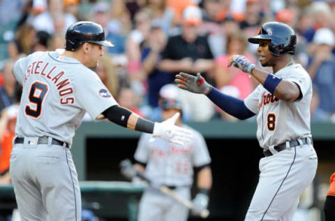 BALTIMORE, MD – AUGUST 05: Justin Upton #8 of the Detroit Tigers celebrates with Nicholas Castellanos #9 after hitting a two-run home run in the first inning against the Baltimore Orioles at Oriole Park at Camden Yards on August 5, 2017 in Baltimore, Maryland. (Photo by Greg Fiume/Getty Images)