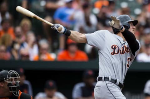 BALTIMORE, MD – AUGUST 06: Jim Adduci #37 of the Detroit Tigers hits a fly ball out to left in the sixth inning during a game against the Baltimore Orioles at Oriole Park at Camden Yards on August 6, 2017 in Baltimore, Maryland. (Photo by Patrick McDermott/Getty Images)