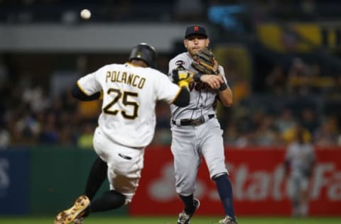 PITTSBURGH, PA – AUGUST 07: Ian Kinsler #3 of the Detroit Tigers turns a double play against the Pittsburgh Pirates during interleague play at PNC Park on August 7, 2017 in Pittsburgh, Pennsylvania. (Photo by Justin K. Aller/Getty Images)