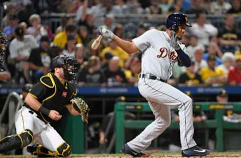 PITTSBURGH, PA – AUGUST 08: Jeimer Candelario #46 of the Detroit Tigers singles to right field in the sixth inning during the game against the Pittsburgh Pirates at PNC Park on August 8, 2017 in Pittsburgh, Pennsylvania. (Photo by Justin Berl/Getty Images)