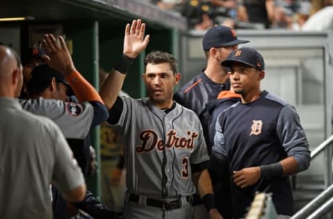 PITTSBURGH, PA – AUGUST 08: Ian Kinsler #3 of the Detroit Tigers is met by teammates in the dugout after coming around to score on an RBI double by Jim Aducci #37 in the sixth inning during the game against the Pittsburgh Pirates at PNC Park on August 8, 2017 in Pittsburgh, Pennsylvania. (Photo by Justin Berl/Getty Images)