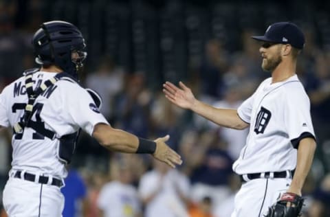 DETROIT, MI – AUGUST 9: James McCann #34 of the Detroit Tigers celebrates with Shane Greene #61 of the Detroit Tigers after a 10-0 win over the Pittsburgh Pirates in an interleague game at Comerica Park on August 9, 2017 in Detroit, Michigan. (Photo by Duane Burleson/Getty Images)