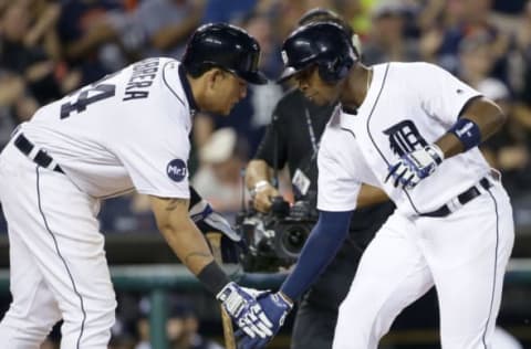 DETROIT, MI – AUGUST 18: Justin Upton #8 of the Detroit Tigers celebrates his solo home run against the Los Angeles Dodgers with Miguel Cabrera #24 of the Detroit Tigers during the ninth inning at Comerica Park on August 18, 2017 in Detroit, Michigan. The Dodgers defeated the Tigers 8-5. (Photo by Duane Burleson/Getty Images)