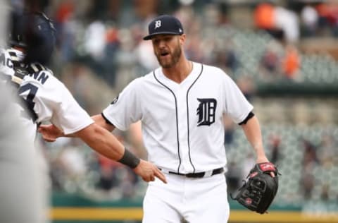 DETROIT, MI – AUGUST 24: Shane Greene #61 of the Detroit Tigers celebrates a 10-6 win over the New York Yankees with James McCann #34 at Comerica Park on August 24, 2017 in Detroit, Michigan. (Photo by Gregory Shamus/Getty Images)