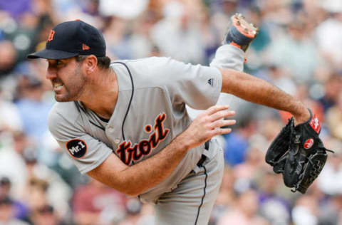 DENVER, CO – AUGUST 30: Justin Verlander #35 of the Detroit Tigers pitches against the Colorado Rockies in the fifth inning of a game at Coors Field on August 30, 2017 in Denver, Colorado. (Photo by Dustin Bradford/Getty Images)