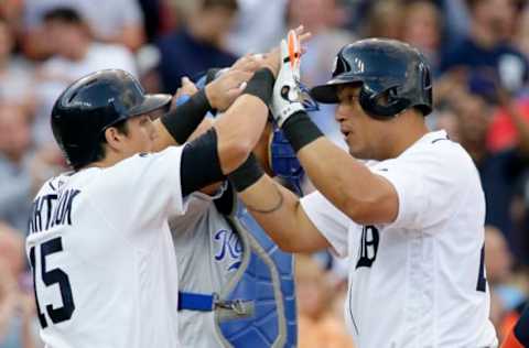 DETROIT, MI – JUNE 27: Miguel Cabrera #24 of the Detroit Tigers celebrates with Mikie Mahtook #15 of the Detroit Tigers after hitting a three-run home run against the Kansas City Royals during the third inning at Comerica Park on June 27, 2017 in Detroit, Michigan. (Photo by Duane Burleson/Getty Images)