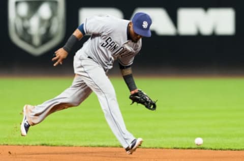 CLEVELAND, OH – JULY 6: Shortstop Erick Aybar #8 of the San Diego Padres misses a ground ball hit by Lonnie Chisenhall #8 of the Cleveland Indians during the seventh inning at Progressive Field on JULY 6, 2017 in Cleveland, Ohio. (Photo by Jason Miller/Getty Images)