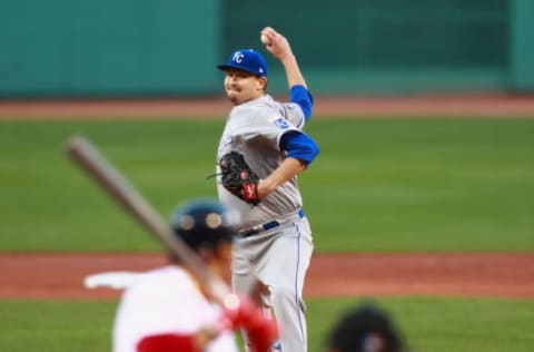 BOSTON, MA – JULY 29: Trevor Cahill #34 of the Kansas City Royals pitches to Mookie Betts #50 of the Boston Red Sox in the bottom of the first inning during the game against the Boston Red Sox at Fenway Park on July 29, 2017 in Boston, Massachusetts. (Photo by Omar Rawlings/Getty Images)