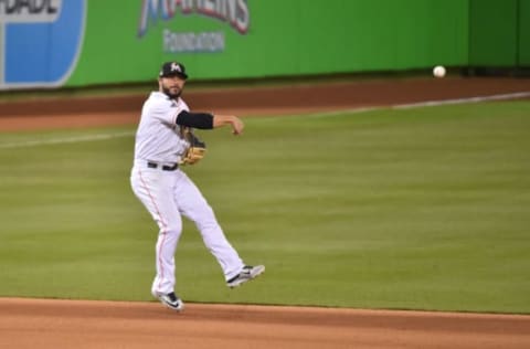 MIAMI, FL – SEPTEMBER 01: Mike Aviles #12 of the Miami Marlins throws towards second base during the seventh inning against the Philadelphia Phillies at Marlins Park on September 1, 2017 in Miami, Florida. (Photo by Eric Espada/Getty Images)