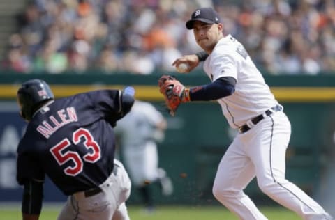 DETROIT, MI – SEPTEMBER 3: Shortstop Jose Iglesias #1 of the Detroit Tigers turns the ball after getting a force out on Greg Allen #53 of the Cleveland Indians during the second inning at Comerica Park on September 3, 2017 in Detroit, Michigan. Francisco Lindor of the Cleveland Indians hit into the play but beat the throw to first base. (Photo by Duane Burleson/Getty Images)