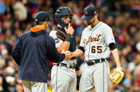 CLEVELAND, OH – SEPTEMBER 11: Manager Brad Ausmus #7 removes starting pitcher Myles Jaye #65 of the Detroit Tigers from the game during the fourth inning against the Cleveland Indians at Progressive Field on September 11, 2017 in Cleveland, Ohio. (Photo by Jason Miller/Getty Images)