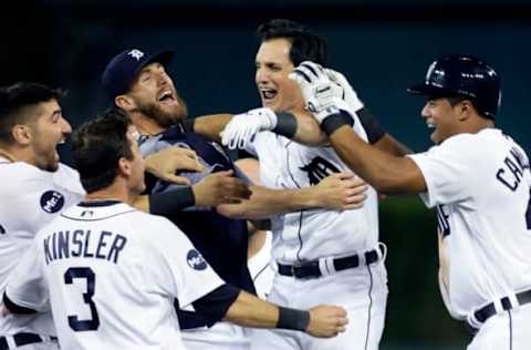 DETROIT, MI – SEPTEMBER 15: Mikie Mahtook #15 of the Detroit Tigers celebrates with Nicholas Castellanos #9 of the Detroit Tigers, Ian Kinsler #3 of the Detroit Tigers, Shane Greene #61 of the Detroit Tigers and Jeimer Candelario #46 of the Detroit Tigers after hitting a walk-off single in the ninth inning to drive in Candelario and defeat the Chicago White Sox 3-2 at Comerica Park on September 15, 2017 in Detroit, Michigan. (Photo by Duane Burleson/Getty Images)