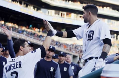 DETROIT, MI – SEPTEMBER 16: Nicholas Castellanos #9 of the Detroit Tigers receives a high-five from Ian Kinsler #3 of the Detroit Tigers after scoring against the Chicago White Sox on a triple by James McCann of the Detroit Tigers during the second inning at Comerica Park on September 16, 2017 in Detroit, Michigan. (Photo by Duane Burleson/Getty Images)