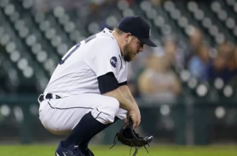 DETROIT, MI – SEPTEMBER 19: Alex Wilson #30 of the Detroit Tigers reacts after giving up a grand slam to Jed Lowrie of the Oakland Athletics during the eighth inning at Comerica Park on September 19, 2017 in Detroit, Michigan. (Photo by Duane Burleson/Getty Images)