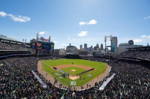 DETROIT, MI – APRIL 7: A general view of Comerica Park during the tribute to former owner Michael Ilitch during the opening day celebrations prior to that start of the game against the Boston Red Sox game on April 7, 2017 at Comerica Park in Detroit, Michigan. (Photo by Leon Halip/Getty Images)