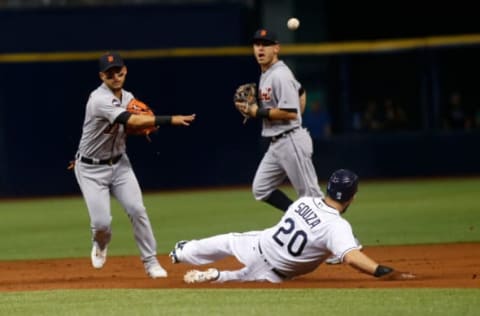 ST. PETERSBURG, FL – APRIL 19: Shortstop Jose Iglesias #1 of the Detroit Tigers throws to first base to turn a double play over Steven Souza Jr. #20 of the Tampa Bay Rays to end the first inning of a game on April 19, 2017 at Tropicana Field in St. Petersburg, Florida. (Photo by Brian Blanco/Getty Images)