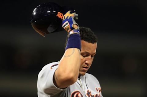 ANAHEIM, CA – MAY 11: Miguel Cabrera #24 of the Detroit Tigers looks on after grounding into a double play during the seventh inning of a game against the Los Angeles Angels of Anaheim at Angel Stadium of Anaheim on May 11, 2017 in Anaheim, California. (Photo by Sean M. Haffey/Getty Images)