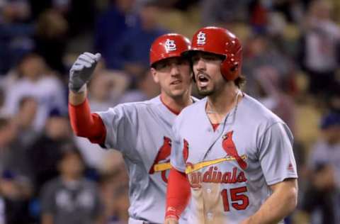 LOS ANGELES, CA – MAY 23: Randal Grichuk #15 of the St. Louis Cardinals celebrates his run with Stephen Piscotty #55 to tie the game 1-1 with the Los Angeles Dodgers during the ninth inning at Dodger Stadium on May 23, 2017 in Los Angeles, California. (Photo by Harry How/Getty Images)