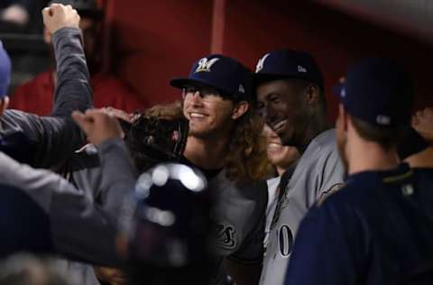 PHOENIX, AZ – JUNE 10: Josh Hader #71 of the Milwaukee Brewers celebrates with teammate Lewis Brinson #20 after making his MLB debut during the seventh inning against the Arizona Diamondbacks at Chase Field on June 10, 2017 in Phoenix, Arizona. (Photo by Norm Hall/Getty Images)