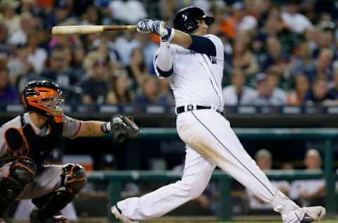 DETROIT, MI – JULY 5: Victor Martinez #41 of the Detroit Tigers doubles as catcher Nick Hundley #5 of the San Francisco Giants works behind the plate during the eighth inning at Comerica Park on July 5, 2017 in Detroit, Michigan. The Giants defeated the Tigers 5-4. (Photo by Duane Burleson/Getty Images)