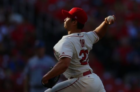 ST. LOUIS, MO – JULY 8: Seung-Hwan Oh #26 of the St. Louis Cardinals delivers a pitch against the New York Mets in the ninth inning at Busch Stadium on July 8, 2017 in St. Louis, Missouri. (Photo by Dilip Vishwanat/Getty Images)