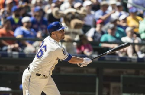 SEATTLE, WA – JULY 30: Danny Valencia #26 of the Seattle Mariners hits a sacrifice fly off o relief pitcher Josh Smoker #49 of the New York Mets that scored Nelson Cruz #23 of the Seattle Mariners during the seventh inning of an interleague game at Safeco Field on July 30, 2017 in Seattle, Washington. The Mariners won the game 9-1. (Photo by Stephen Brashear/Getty Images)