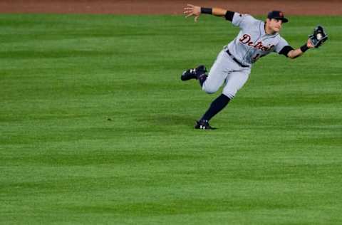 BALTIMORE, MD – AUGUST 04: Mikie Mahtook #15 of the Detroit Tigers catches a fly ball hit by Jonathan Schoop #6 of the Baltimore Orioles (not pictured) in the sixth inning during a game at Oriole Park at Camden Yards on August 4, 2017 in Baltimore, Maryland. (Photo by Patrick McDermott/Getty Images)