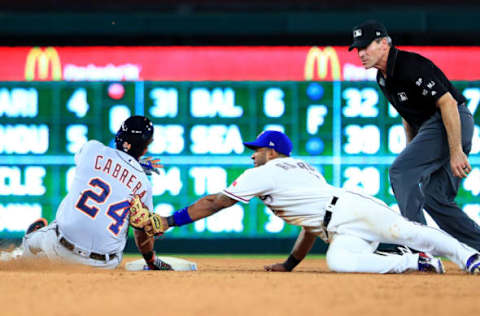 ARLINGTON, TX – AUGUST 16: Elvis Andrus #1 of the Texas Rangers tags out Miguel Cabrera #24 of the Detroit Tigers at second base in the top of the seventh inning at Globe Life Park in Arlington on August 16, 2017 in Arlington, Texas. (Photo by Tom Pennington/Getty Images)