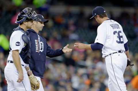 DETROIT, MI – SEPTEMBER 1: Pitcher Blaine Hardy #36 of the Detroit Tigers is pulled by manager Brad Ausmus #7 of the Detroit Tigers as catcher John Hicks #55 of the Detroit Tigers looks on during the sixth inning of game two of a doubleheader against the Cleveland Indians at Comerica Park on September 1, 2017 in Detroit, Michigan. Hardy gave up three runs and five hits in less than three innings of relief. The Indians defeated the Tigers 10-0. (Photo by Duane Burleson/Getty Images)