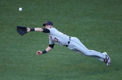 TORONTO, ON – SEPTEMBER 9: Andrew Romine #17 of the Detroit Tigers makes a diving catch in the second inning during MLB game action against the Toronto Blue Jays at Rogers Centre on September 9, 2017 in Toronto, Canada. (Photo by Tom Szczerbowski/Getty Images)