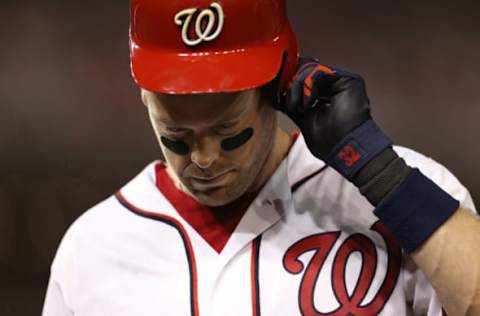 WASHINGTON, DC – OCTOBER 07: Matt Wieters #32 of the Washington Nationals reacts after flying out against the Chicago Cubs in the sixth inning during game two of the National League Division Series at Nationals Park on October 7, 2017 in Washington, DC. (Photo by Patrick Smith/Getty Images)