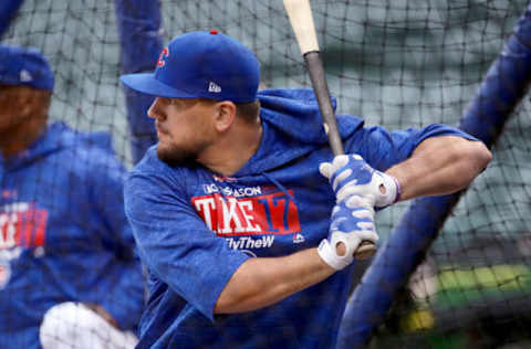 CHICAGO, IL – OCTOBER 10: Kyle Schwarber #12 of the Chicago Cubs warms up before game four of the National League Division Series against the Washington Nationals at Wrigley Field on October 10, 2017 in Chicago, Illinois. (Photo by Jonathan Daniel/Getty Images)