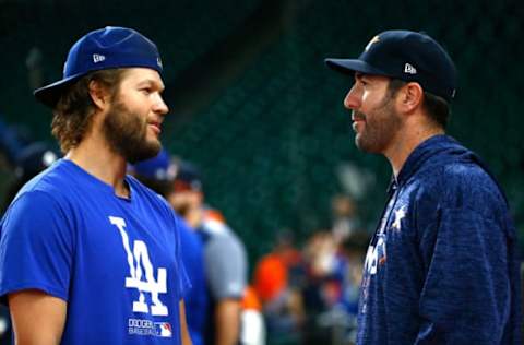 HOUSTON, TX – OCTOBER 27: Clayton Kershaw #22 of the Los Angeles Dodgers talks with Justin Verlander #35 of the Houston Astros before game three of the 2017 World Series at Minute Maid Park on October 27, 2017 in Houston, Texas. (Photo by Jamie Squire/Getty Images)