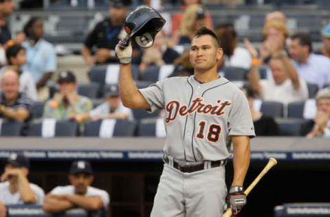 NEW YORK – AUGUST 16: Johnny Damon #18 of the Detroit Tigers salutes the crowd prior to his first at bat against the New York Yankees on August 16, 2010 at Yankee Stadium in the Bronx borough of New York City. (Photo by Jim McIsaac/Getty Images)