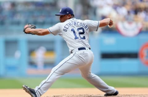 LOS ANGELES, CALIFORNIA – APRIL 06: Reliever Christian Bethancourt #12 of the San Diego Padres throws a pitch in seventh inning against the Los Angeles Dodgers at Dodger Stadium on April 6, 2017 in Los Angeles, California. The Dodgers won 10-2. (Photo by Stephen Dunn/Getty Images)