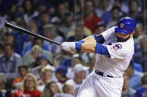 CHICAGO, IL – AUGUST 16: Alex Avila #13 of the Chicago Cubs hits a run scoring single in the 3rd inning against the Cincinnati Reds at Wrigley Field on August 16, 2017 in Chicago, Illinois. (Photo by Jonathan Daniel/Getty Images)