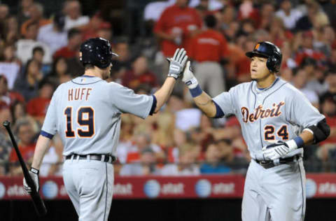 ANAHEIM, CA – AUGUST 25: Miguel Cabrera #24 of the Detroit Tigers celebrates his solo homerun with Aubrey Huff #19 to tie the game 3-3 during the fifth inning at Angel Stadium of Anaheim on August 25, 2009 in Anaheim, California. (Photo by Harry How/Getty Images)