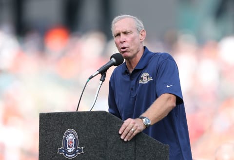 DETROIT, MI – JUNE 30: Former Detroit Tigers player Alan Trammell speaks to the fans during the celebration of the 30th Anniversary of the 1984 World Series Championship team prior to the game against the Oakland Athletics at Comerica Park on June 30, 2014 in Detroit, Michigan. The Tigers defeated the Athletics 5-4. (Photo by Leon Halip/Getty Images)