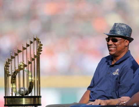 DETROIT, MI – JUNE 30: Former Detroit Tigers player Lou Whitaker speaks to the fans during the celebration of the 30th Anniversary of the 1984 World Series Championship team prior to the game against the Oakland Athletics at Comerica Park on June 30, 2014 in Detroit, Michigan. The Tigers defeated the Athletics 5-4. (Photo by Leon Halip/Getty Images)