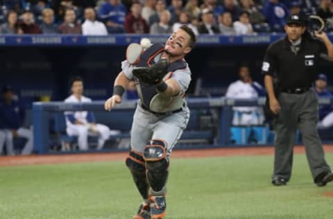 TORONTO, ON – SEPTEMBER 8: James McCann #34 of the Detroit Tigers catches a foul pop up as he reaches out to make the catch in the fourth inning during MLB game action against the Toronto Blue Jays at Rogers Centre on September 8, 2017 in Toronto, Canada. (Photo by Tom Szczerbowski/Getty Images)