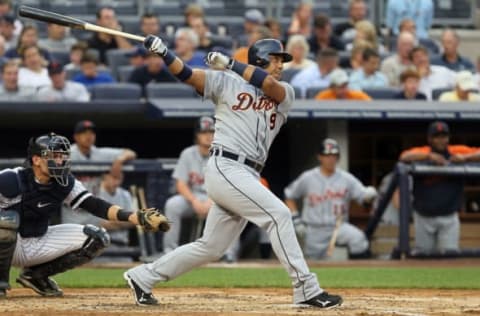 NEW YORK – AUGUST 16: Carlos Guillen #9 of the Detroit Tigers follows through on a second inning double against the New York Yankees on August 16, 2010 at Yankee Stadium in the Bronx borough of New York City. (Photo by Jim McIsaac/Getty Images)