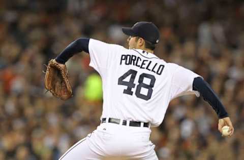 DETROIT, MI – OCTOBER 04: Rick Porcello #48 of the Detroit Tigers pitches in the second inning of Game Four of the American League Divison Series against the New York Yankees at Comerica Park on October 4, 2011 in Detroit, Michigan. The Yankees defeated the Tigers 10-1. (Photo by Leon Halip/Getty Images)