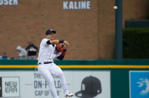 DETROIT, MI – JUNE 06: Jose Iglesias #1 of the Detroit Tigers makes a play to first base for an out in the first inning during a MLB game against the Los Angeles Angels at Comerica Park on June 6, 2017 in Detroit, Michigan. (Photo by Dave Reginek/Getty Images)