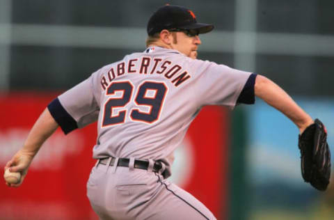 OAKLAND, CA – OCTOBER 10: Starting pitcher Nate Robertson #29 of the Detroit Tigers pitches against the Oakland Athletics during Game One of the American League Championship Series on October 10, 2006 at McAfee Coliseum in Oakland, California. (Photo by Stephen Dunn/Getty Images)