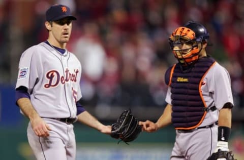 ST LOUIS, MO – OCTOBER 27: Starting pitcher Justin Verlander #35 of the Detroit Tigers talks Ivan Rodriguez #7 on the mound against the St. Louis Cardinals during Game Five of the 2006 World Series on October 27, 2006 at Busch Stadium in St. Louis, Missouri. (Photo by Jed Jacobsohn/Getty Images)